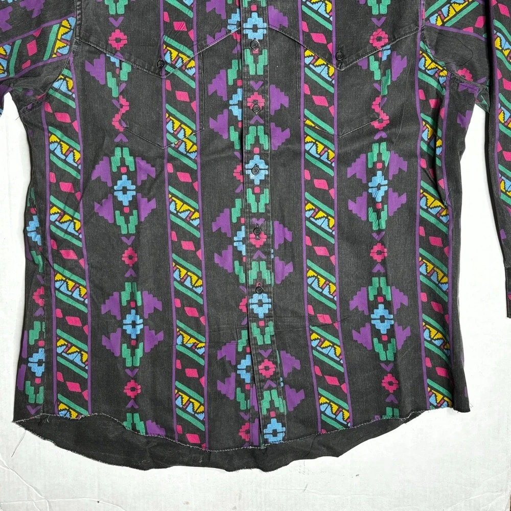 Vintage Wrangler Brushpopper Aztec Western Cowboy Shirt Size 17.5x35 Thick Black - Picture 3 of 7